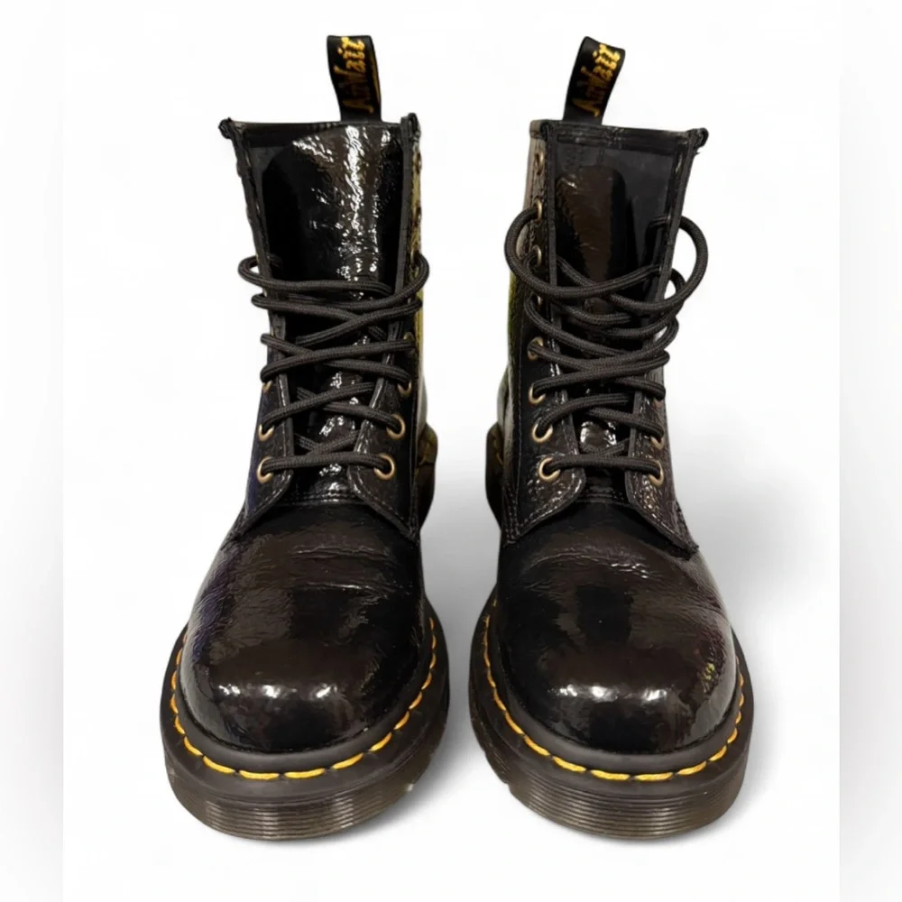 Black Lace-Up Combat Boots with Yellow Stitching Dr. Martens Black Leather Combat Boots Lace-Up Yellow  main image 3